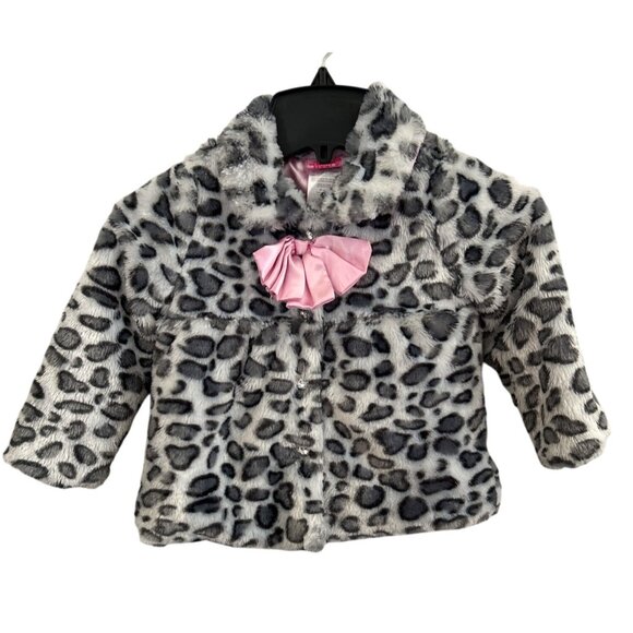 Girls Faux Fur White Gray Leopard Print Coat Pink Bow Accent & blingy Buttons 3T - Picture 1 of 8